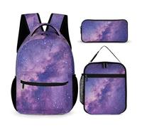 Morbuy Kids Backpack and Lunch Bag Set, 3D Starry Sky Pattern 3 Piece School Backpack Set for Girls Boys, Insulated Lunchbag + Pencil Case + Schoolbag, Causal Bookbag Rucksack (Purple Starry Sky)