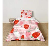 Morbuy Kids Bedding Set Strawberry Pattern, Junior/Toddler/Cot Bed Duvet Cover Set With Pillowcase for Boys Girls Single Bed - Soft Microfiber Easy Care (Pink plaid,100x135cm)