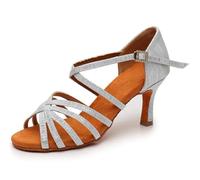 Morbuy Latin Dance Shoes for Women, 5.5cm/7.5cm Heel Ballroom Dancing Performance Salsa Shoes for Indoor Social Dance, Soft Sole Suitable for Rumba/Cha-cha/Samba/Bachata (0822 White 7.5cm,4)