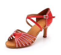 Morbuy Latin Dance Shoes for Women, Ballroom Dancing Performance Salsa Shoes for Indoor Social Dance, 7.5cm Heel Soft Sole Suitable for Rumba/Cha-cha/Samba/Bachata (Red (A),6.5)