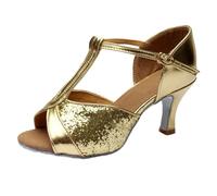 Morbuy Latin Dance Shoes for Women with Glitter Style, T-Strap 7cm High Heels Comfortable Adjustable Strap Design Dancing Shoes, Open Toe Suede Sole for Ballroom Salsa 2.5-8 UK (Gold,5.5)