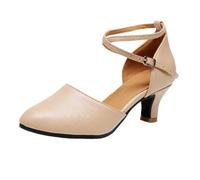 Morbuy PU Leather Upper Latin Dance Shoes for Women, Closed Toe 5/7cm High Heels Adjustable Strap Dancing Shoes for All Seasons, Comfortable Suede Sole for Ballroom Salsa (Light Brown 5cm,7)