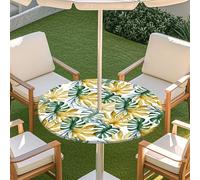 Morbuy Round Garden Tablecloth with Parasol Hole and Zip, 3D Tropical Plant Leaf Pattern Waterproof Round Tablecloth Elastic Edged Fitted, Table Cover Stain Resistant (Khaki Leaf,31-35inch)