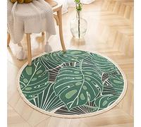 Morbuy Round Hand Woven Rug with Tassels Nordic Floral Mandala Print Area Rugs Vintage Round Carpet Cotton Machine Washable Anti Slip Floor Mats for Bedroom Living Room (90cm,Monstera)