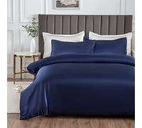 Morbuy Silk Satin Single Duvet Cover with 2 Pillowcases, Navy Blue Bedding Set Easy Care Duvet Cover Set with Zipper Closure - Luxury Ultra Soft Quilt Cover 3 Piece - 135x200cm