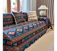 Morbuy Sofa Cover with Tassel for 1 2 3 4 Seater, Cotton Linen All-Season Protection AB Sided Throw Slipcover for Corner Sofa Couch Cover for Living Room (blue boho,100x160cm)