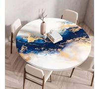 Morbuy Waterproof Round Tablecloth Elastic Edged Fitted Table Cover, Marble Stone Grain Round Fitted Tablecloth Wipe Clean Stain Resistant Table Cloth for Party (White + Blue,Diameter 100cm)