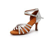 Morbuy Women Satin Open-Toe Latin Dance Shoes, Cowhide Leather Sole Latin Dance Shoes,Metal Ankle Strap, Suitable for Rumba/Cha-cha/Samba/Paso Doble/Jive dance (silver,7)