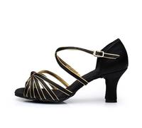 Morbuy Women Satin Open-Toe Latin Dance Shoes, Cowhide Leather Sole Latin Dance Shoes,Metal Ankle Strap, Suitable for Rumba/Cha-cha/Samba/Paso Doble/Jive Dance (Black Gold,7)