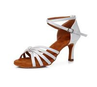 Morbuy Women Satin Open-Toe Latin Dance Shoes, Cowhide Leather Sole Latin Dance Shoes,Metal Ankle Strap, Suitable for Rumba/Cha-cha/Samba/Paso Doble/Jive Dance (White,7)