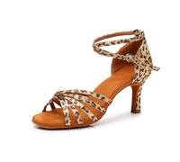 Morbuy Women Satin Open-Toe Latin Dance Shoes, Cowhide Leather Sole Latin Dance Shoes,Metal Ankle Strap, Suitable for Rumba/Cha-cha/Samba/Paso Doble/Jive dance (leopard print,7.5)