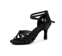 Morbuy Women Satin Open-Toe Latin Dance Shoes, Cowhide Leather Sole Latin Dance Shoes,Metal Ankle Strap, Suitable for Rumba/Cha-cha/Samba/Paso Doble/Jive Dance (Black,5)