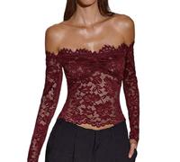 Morbuy Women's Lace Tops, Off-Shoulder Design T Shirts Tops, Y2K Slim Fit Mesh Transparent Blouses Sheer Layering Casual Elegant Clothing for Festival Clubwear Party (Burgundy,M)