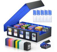 MORCCO Trading Card Storage Box 5-Row 3900+ Capacity,TCG MTG Card Case with Magnetic Lid & Commander Display,Top Loader Storage for Sports Cards,Includes Dividers Dice Box（Black＆Blue）