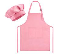 Morcheiong Kids Chef Hat and Apron Set, Adjustable Pink Children's Painting Apron and Chef Hat with 2 Large Pocket for Kids Cooking Painting Baking Activity
