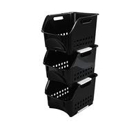 Morcte 3 Tier Stacking Baskets Storage Veg Rack Plastic Stackers, Black
