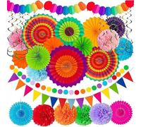 Mordely 33PCS Rainbow Tissue Paper Pom Poms - Vibrant Mexican Party Decorations, Holi Festival & Birthday Party Hanging Pompoms, Colorful Paper Fan Decor