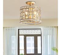 Morden Ceiling Light 12" Sparkling Crystal Drum Contemporary Metal Semi-Flush Mount LED Lamp Pendant in Gold for Living Room Hotel Hall Bedroom