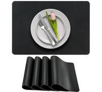 More Décor Faux Leather Placemats Set of 4 for Dining Table - Waterproof, Wipeable, Washable, Stain & Heat Resistant, Non-Slip Table Mats - 12 X 17 Inch (Solid Black, 4)