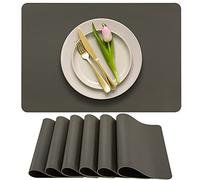 More Décor Faux Leather Placemats Set of 6 for Dining Table - Waterproof, Wipeable, Washable, Stain & Heat Resistant, Non-Slip Table Mats - 12 X 17 Inch, (Solid Dark Grey, 6)