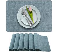 More Décor Faux Leather Placemats Set of 6 for Dining Table - Waterproof, Wipeable, Washable, Stain & Heat Resistant, Non-Slip Table Mats - 12 X 17 Inch, Blue