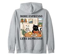 More Espresso Less Depresso Funny Cat Coffee Reading Design Zip Hoodie