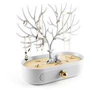 MORE&LESS Antlers Jewelry Display Stand with Aluminium alloy handle, Tree Tower Rack Hanging Organizer for Ring Earrings Necklace Bracelet, Deer Horn Tree Stand with Storage Drawer and Tray