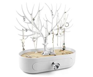 MORE&LESS Antlers Jewelry Display Stand with Drawer and Crystal Handle, Tree Tower Rack Hanging Organizer for Ring Earrings Necklace Bracelet