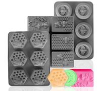 (More Styles Optional) Fuehbur 3 Pack Bee Soap Silicone Molds Set, Round + Rectangular + Hexagon Shape 6 Cavities Honeycomb Moulds, Wax Melts Beeswax - 3PCS