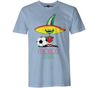 More T Vicar Retro Pique Mexico 86 - Distressed Print Mens Football World Cup T Shirt Light Blue