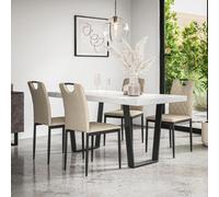 More4Homes Aria Dining Table And Chairs - White Marble Effect Table Top W Black Legs + Monza Faux Leather Dining Chair Set Of 6 (Beige)