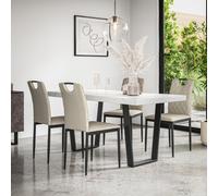 More4Homes Aria Dining Table And Chairs - White Marble Effect Table Top W Black Legs + Monza Linen Dining Chair Set Of 6 (Beige)