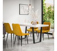 More4Homes Aria Dining Table And Chairs - White Marble Effect Table Top W Black Legs + Nova Velvet Dining Chair Set Of 4 (Mustard)