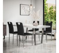 More4Homes Aria Dining Table And Chairs - White Marble Effect Top W Chrome Legs + 6 Monza Faux Leather Dining Chairs W Chrome Legs (Black)