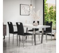 More4Homes Aria Dining Table & Chairs - White Marble Effect Table Top w Chrome Legs + Monza Faux Leather Dining Chair w Chrome Legs Set Of 6 in Black More4Homes Black