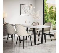 More4Homes Aria Dining Table And Chairs - White Marble Effect Table Top W Black Legs + Raye Velvet Dining Chair Beige Set Of 6
