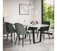 More4Homes Aria Dining Table And Chairs - White Marble Effect Table Top W Black Legs + Raye Velvet Dining Chair Green Set Of 6