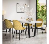 More4Homes Aria Dining Table And Chairs - White Marble Effect Table Top W Black Legs + Raye Velvet Dining Chair Mustard Set Of 6