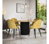 More4Homes Arlo Oak Table Top W Black Legs + Raye Velvet Dining Chair Mustard Set Of 6
