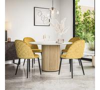 More4Homes Arlo White Marble Table Top W Oak Legs + Raye Velvet Dining Chair Mustard Set Of 4