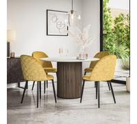 More4Homes Arlo White Marble Table Top W Walnut Legs + Raye Velvet Dining Chair Mustard Set Of 6