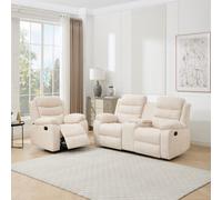 More4Homes Boston Manual Recliner Fabric 1+2 Seater Sofa Set W Drinks Console (Beige)