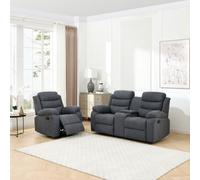 More4Homes Boston Manual Recliner Fabric 1+2 Seater Sofa Set W Drinks Console (Grey)