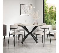More4Homes Calne Calcutta Gold Ceramic Round Dining Table & 6 Myla Linen Beige Chairs