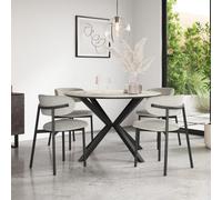 More4Homes Calne Calcutta Gold Ceramic Round Dining Table & 6 Myla Linen Grey Chairs