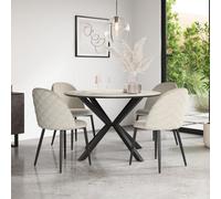 More4Homes Calne Calcutta Gold Ceramic Round Dining Table & 6 Raye Velvet Beige Chairs