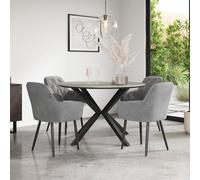 More4Homes Calne Light Grey Ceramic Round Dining Table & 4 Anika Velvet Grey Chairs