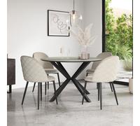More4Homes Calne Light Grey Ceramic Round Dining Table & 4 Raye Velvet Beige Chairs