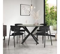 More4Homes Calne Light Grey Ceramic Round Dining Table & 6 Myla Linen Black Chairs