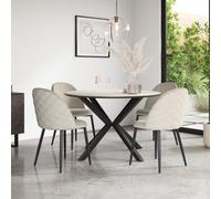 More4Homes Calne White Marble Ceramic Round Dining Table & 6 Raye Velvet Beige Chairs
